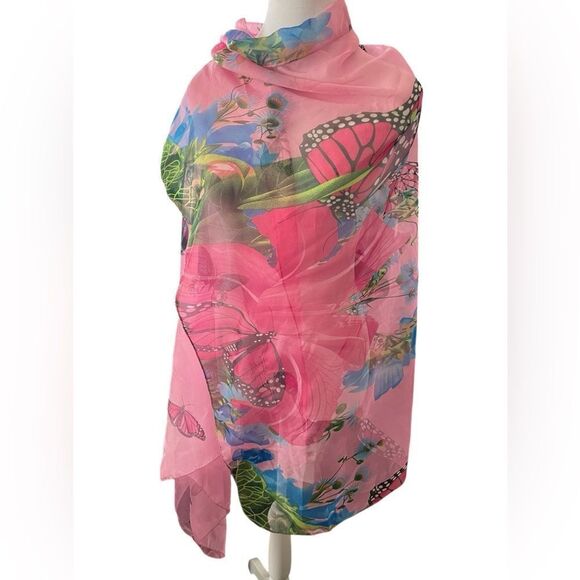 BEAUTIFUL SHEER PINK OVERSIZED SCARF WITH BUTTERFLIES - Picture 2 of 5